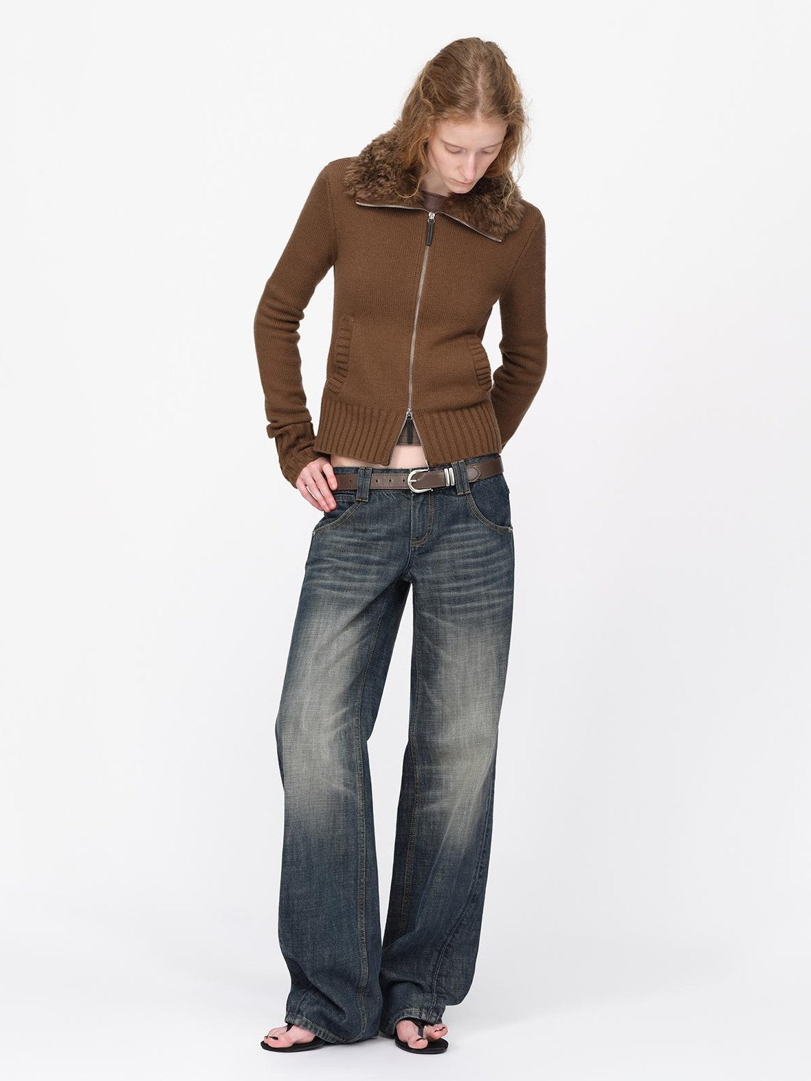 RUN TO THE FUTURE Fur Trim Cardigan Slim Fit Wool Blend Women&