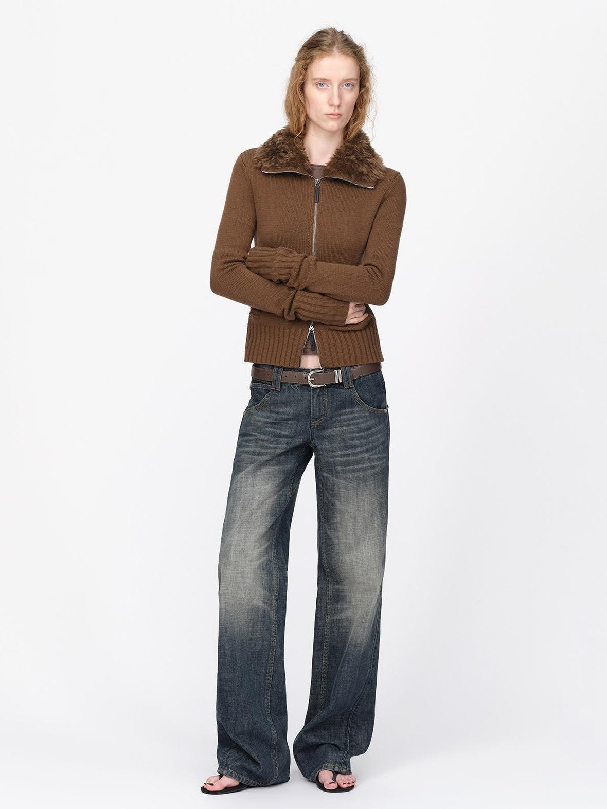 RUN TO THE FUTURE Fur Trim Cardigan Slim Fit Wool Blend Women&