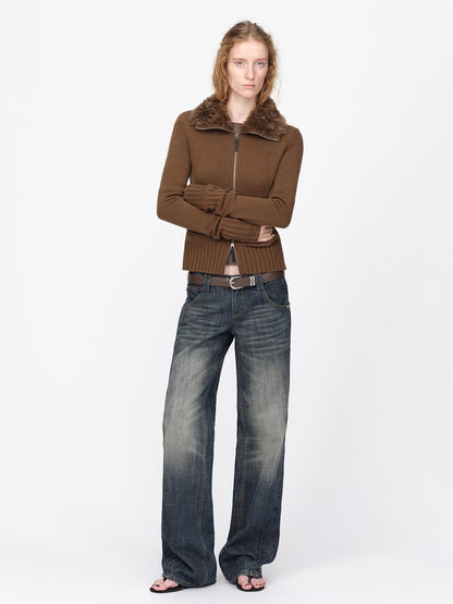 RUN TO THE FUTURE Fur Trim Cardigan Slim Fit Wool Blend Women&