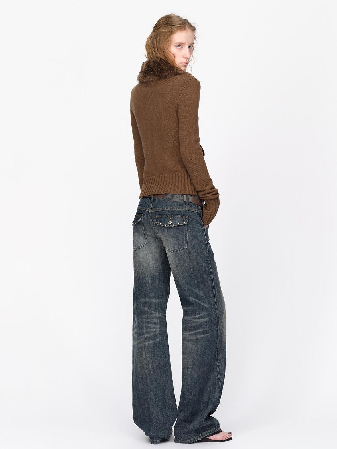 RUN TO THE FUTURE Fur Trim Cardigan Slim Fit Wool Blend Women&
