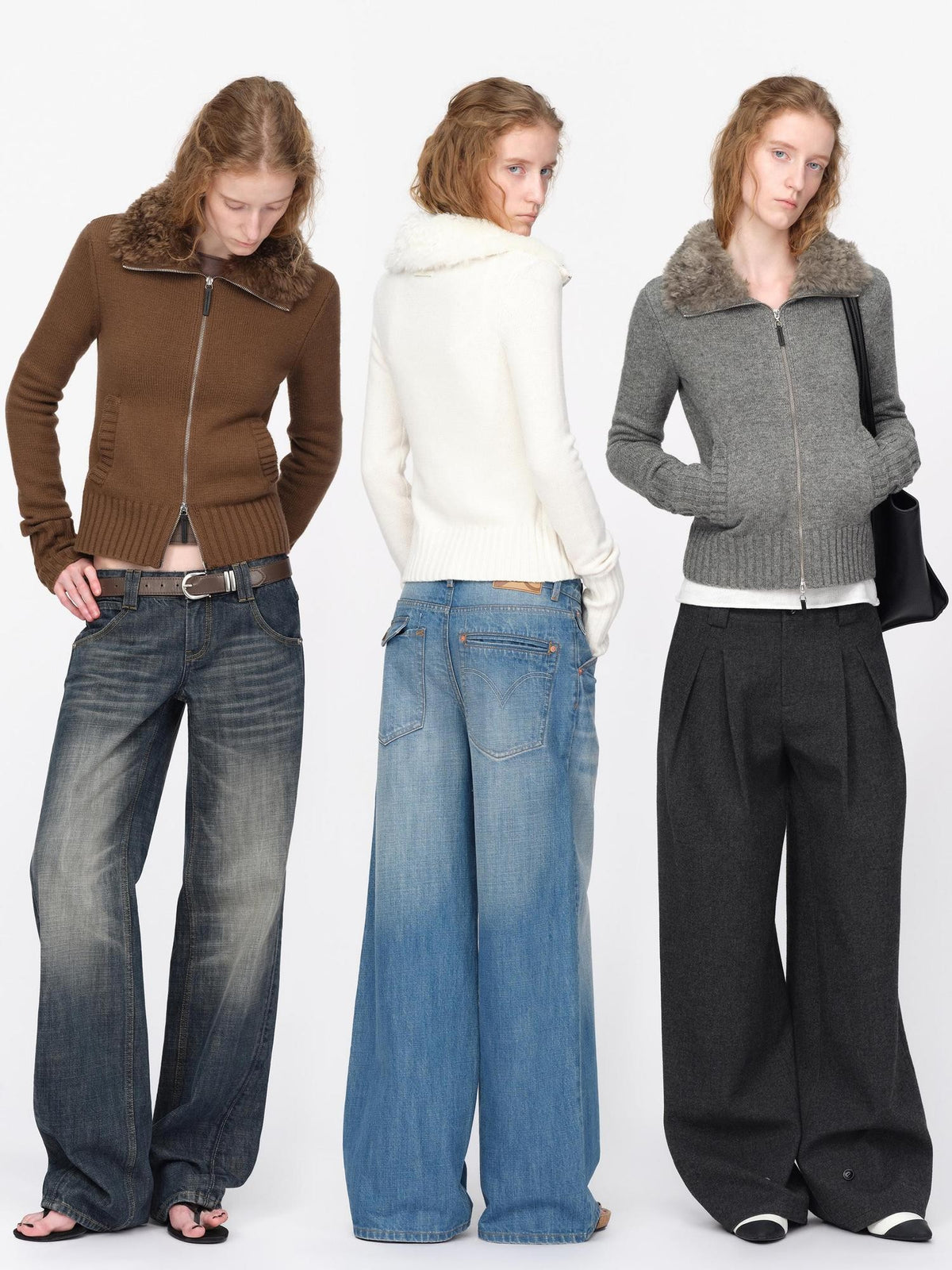 RUN TO THE FUTURE Fur Trim Cardigan Slim Fit Wool Blend Women&