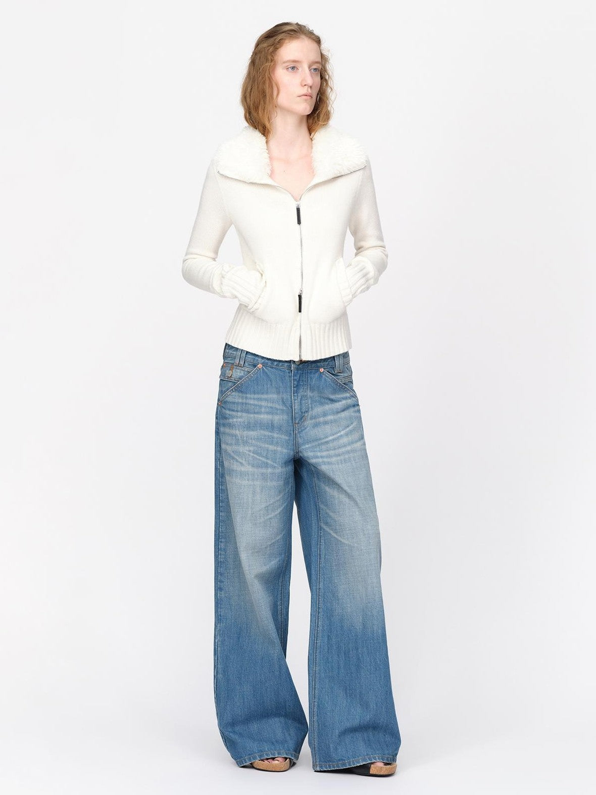 RUN TO THE FUTURE Fur Trim Cardigan Slim Fit Wool Blend Women&