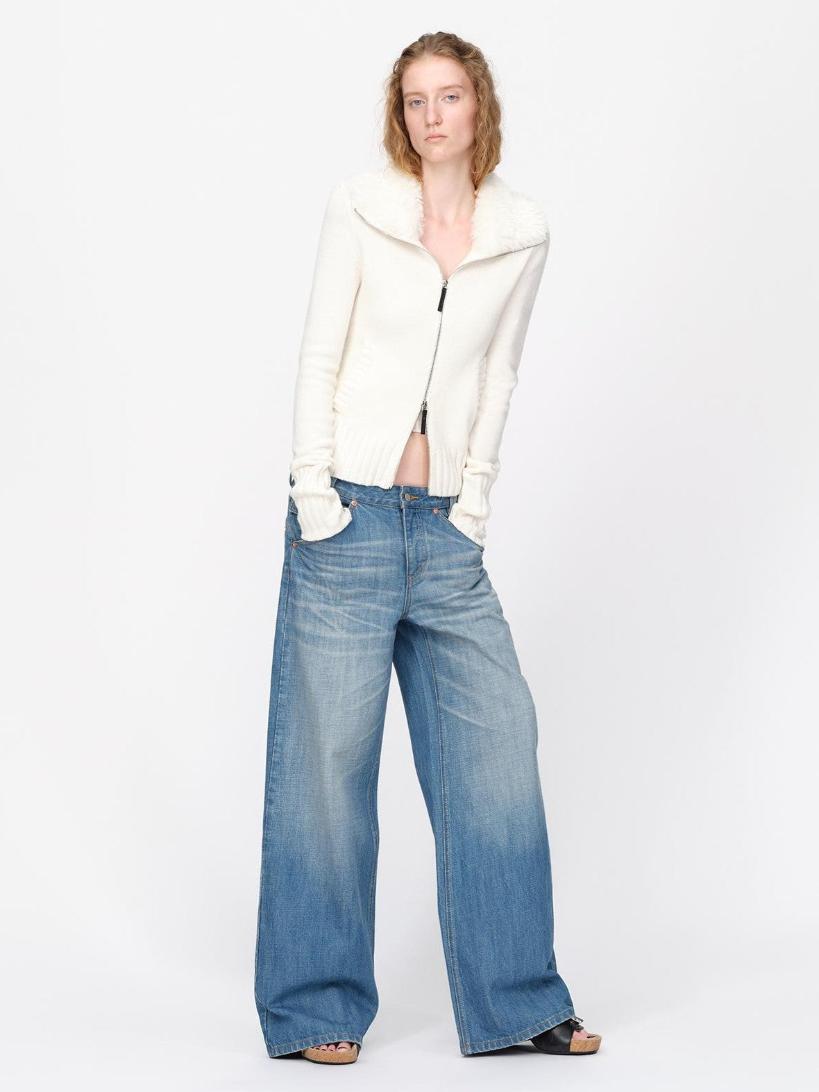 RUN TO THE FUTURE Fur Trim Cardigan Slim Fit Wool Blend Women&