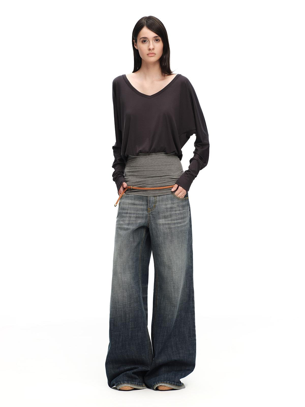 RUN TO THE FUTURE Gray Vintage Distressed Rolled Cuff Women&