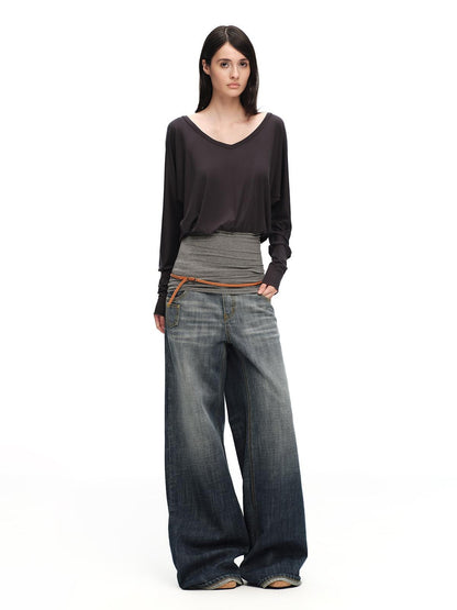 RUN TO THE FUTURE Gray Vintage Distressed Rolled Cuff Women&