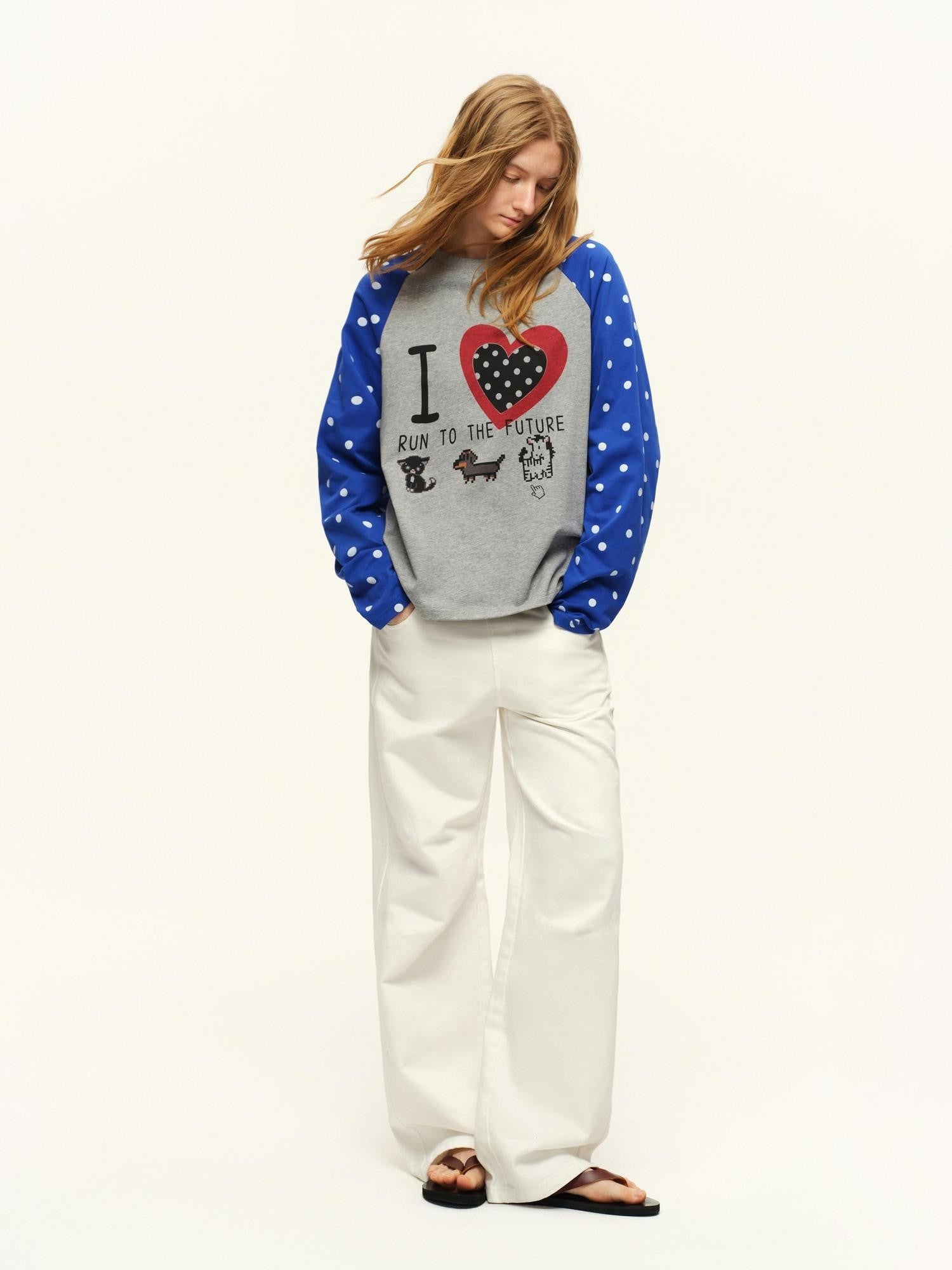 RUN TO THE FUTURE Heart Colorblock Polka Raglan Print Women&