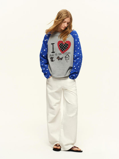 RUN TO THE FUTURE Heart Colorblock Polka Raglan Print Women&