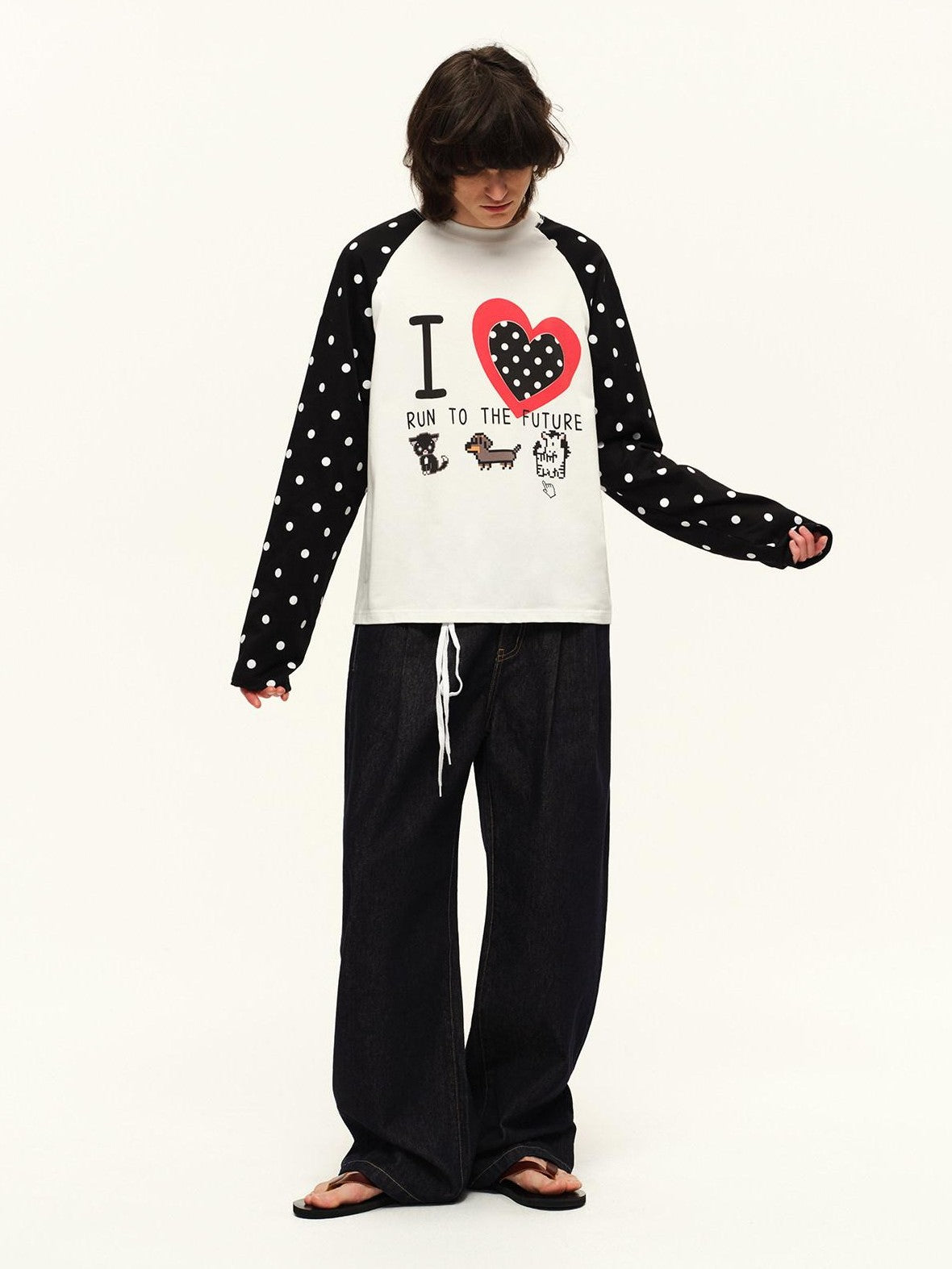 RUN TO THE FUTURE Heart Colorblock Polka Raglan Print Women&