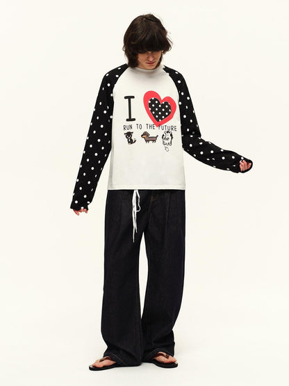 RUN TO THE FUTURE Heart Colorblock Polka Raglan Print Women&