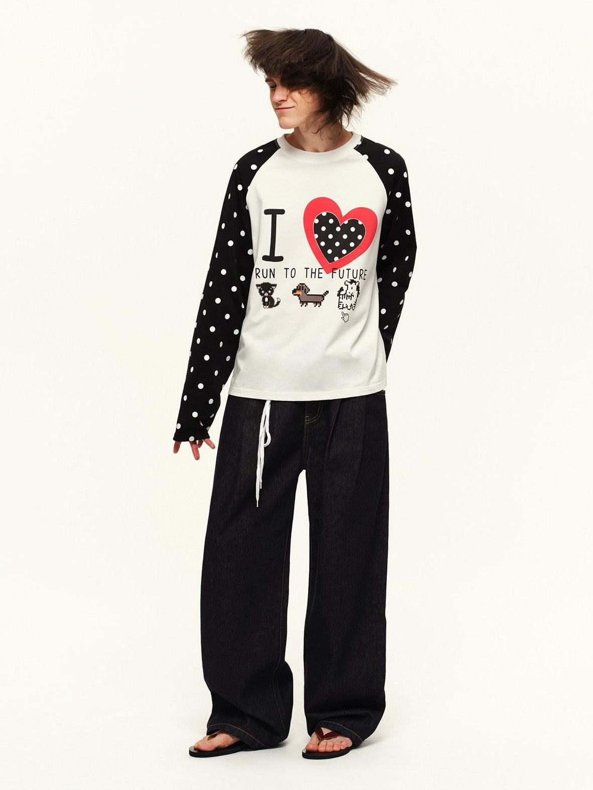 RUN TO THE FUTURE Heart Colorblock Polka Raglan Print Women&