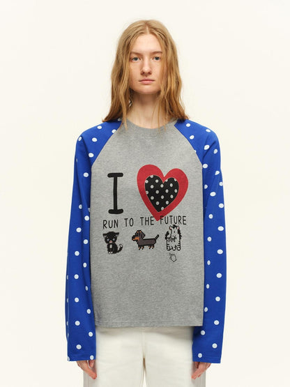 RUN TO THE FUTURE Heart Colorblock Polka Raglan Print Women&