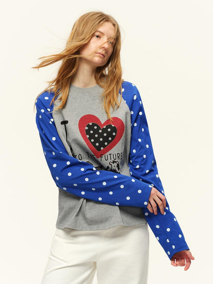 RUN TO THE FUTURE Heart Colorblock Polka Raglan Print Women&