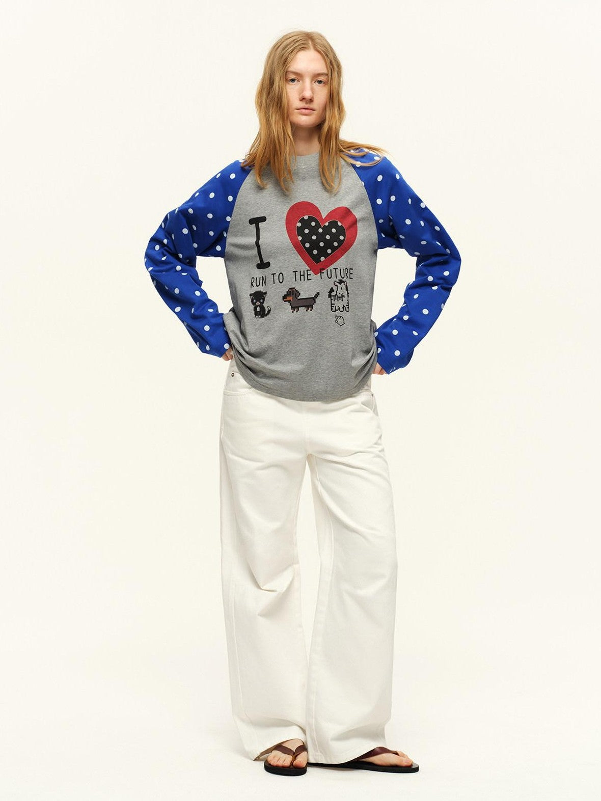 RUN TO THE FUTURE Heart Colorblock Polka Raglan Print Women&