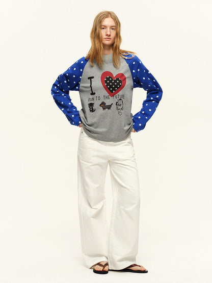 RUN TO THE FUTURE Heart Colorblock Polka Raglan Print Women&