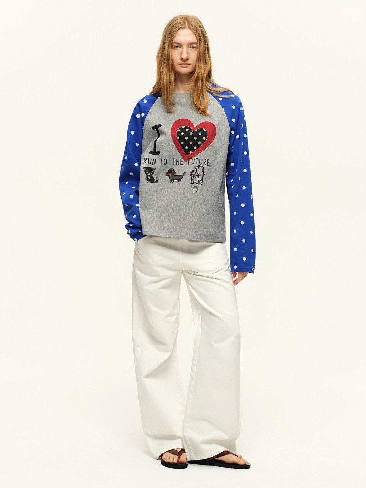 RUN TO THE FUTURE Heart Colorblock Polka Raglan Print Women&