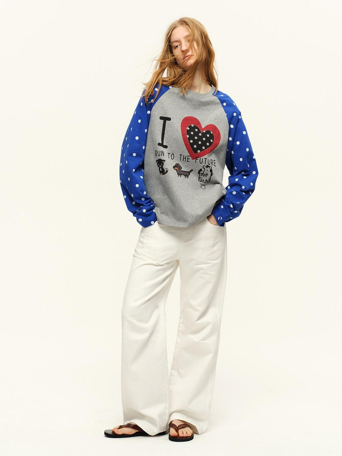 RUN TO THE FUTURE Heart Colorblock Polka Raglan Print Women&