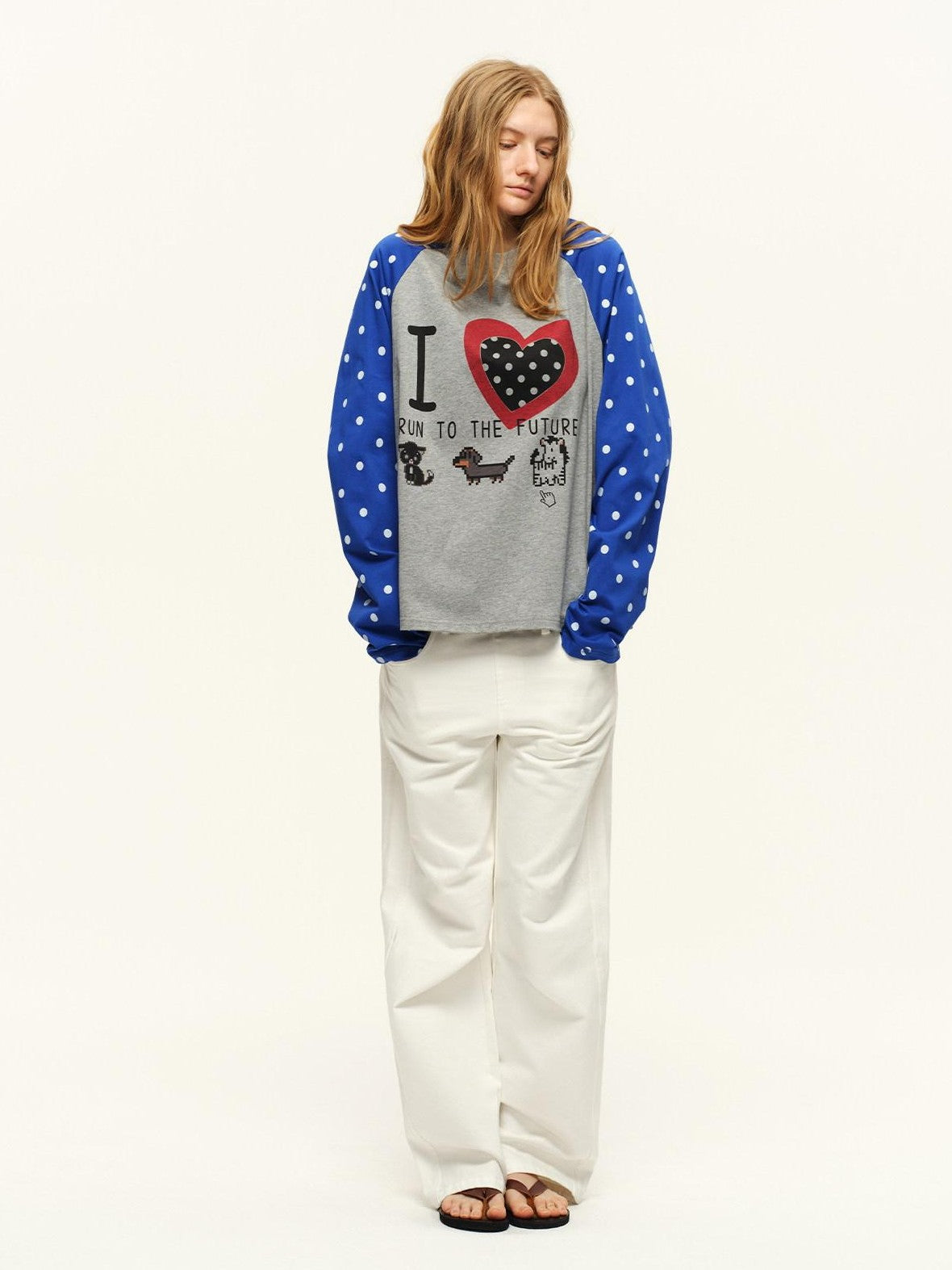 RUN TO THE FUTURE Heart Colorblock Polka Raglan Print Women&