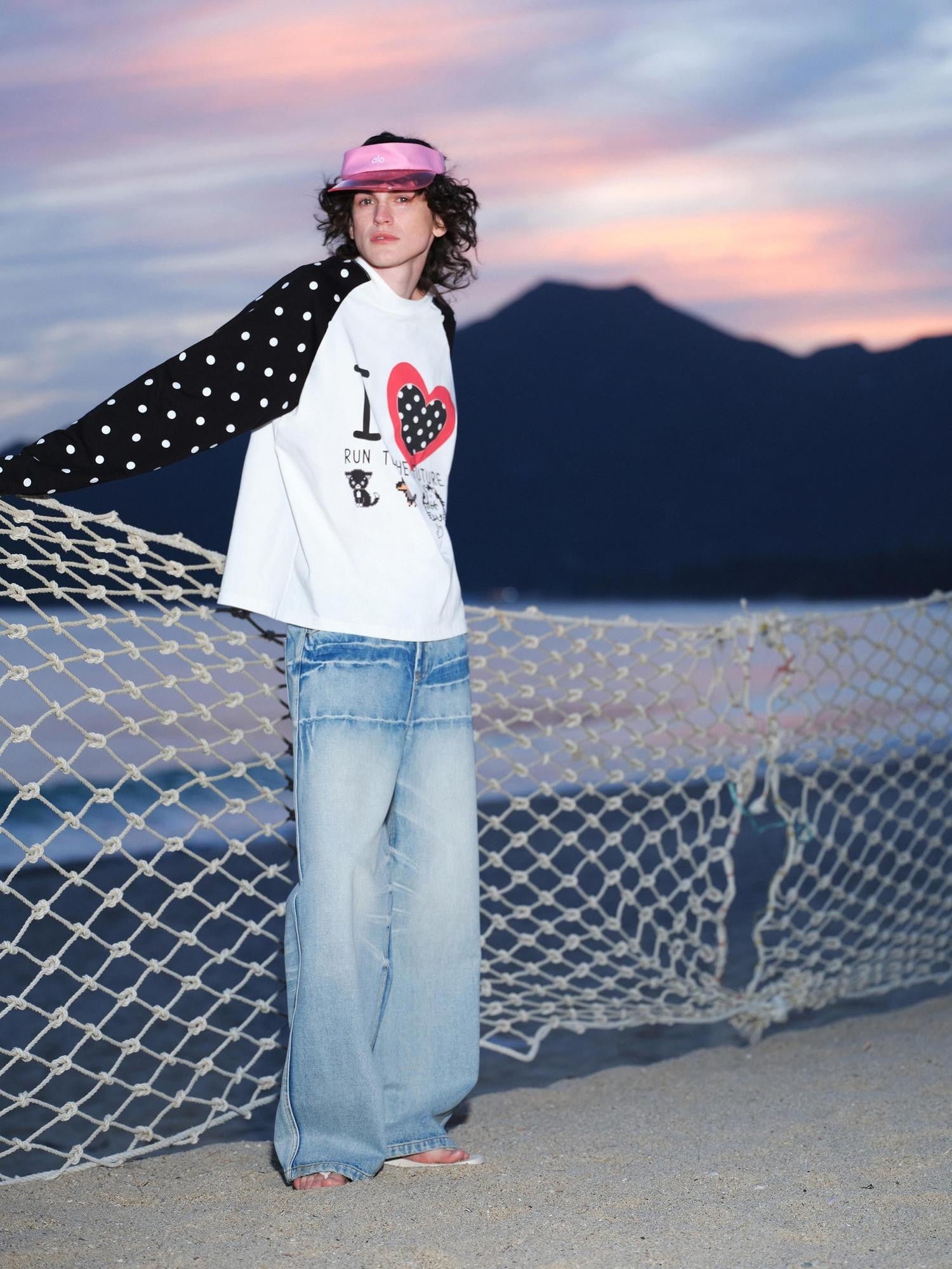 RUN TO THE FUTURE Heart Colorblock Polka Raglan Print Women&