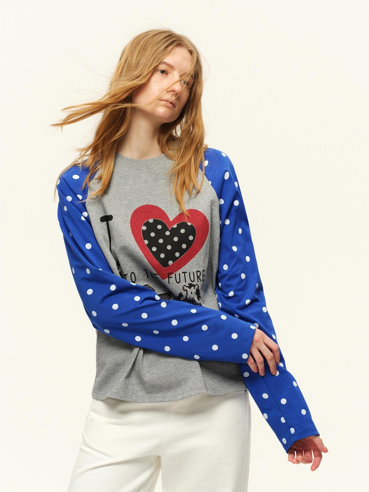 RUN TO THE FUTURE Heart Colorblock Polka Raglan Print Women&