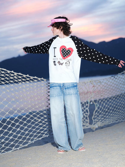 RUN TO THE FUTURE Heart Colorblock Polka Raglan Print Women&