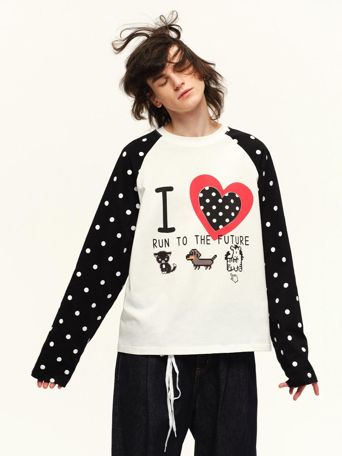 RUN TO THE FUTURE Heart Colorblock Polka Raglan Print Women&