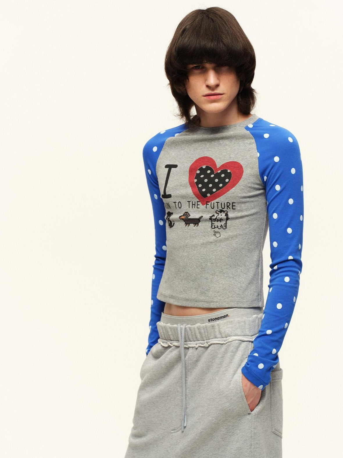RUN TO THE FUTURE Heart Print Polka Dot Colorblock Raglan Slim Fit Women&