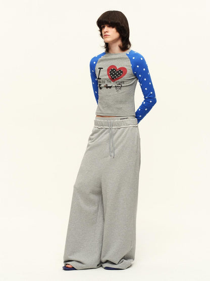 RUN TO THE FUTURE Heart Print Polka Dot Colorblock Raglan Slim Fit Women&