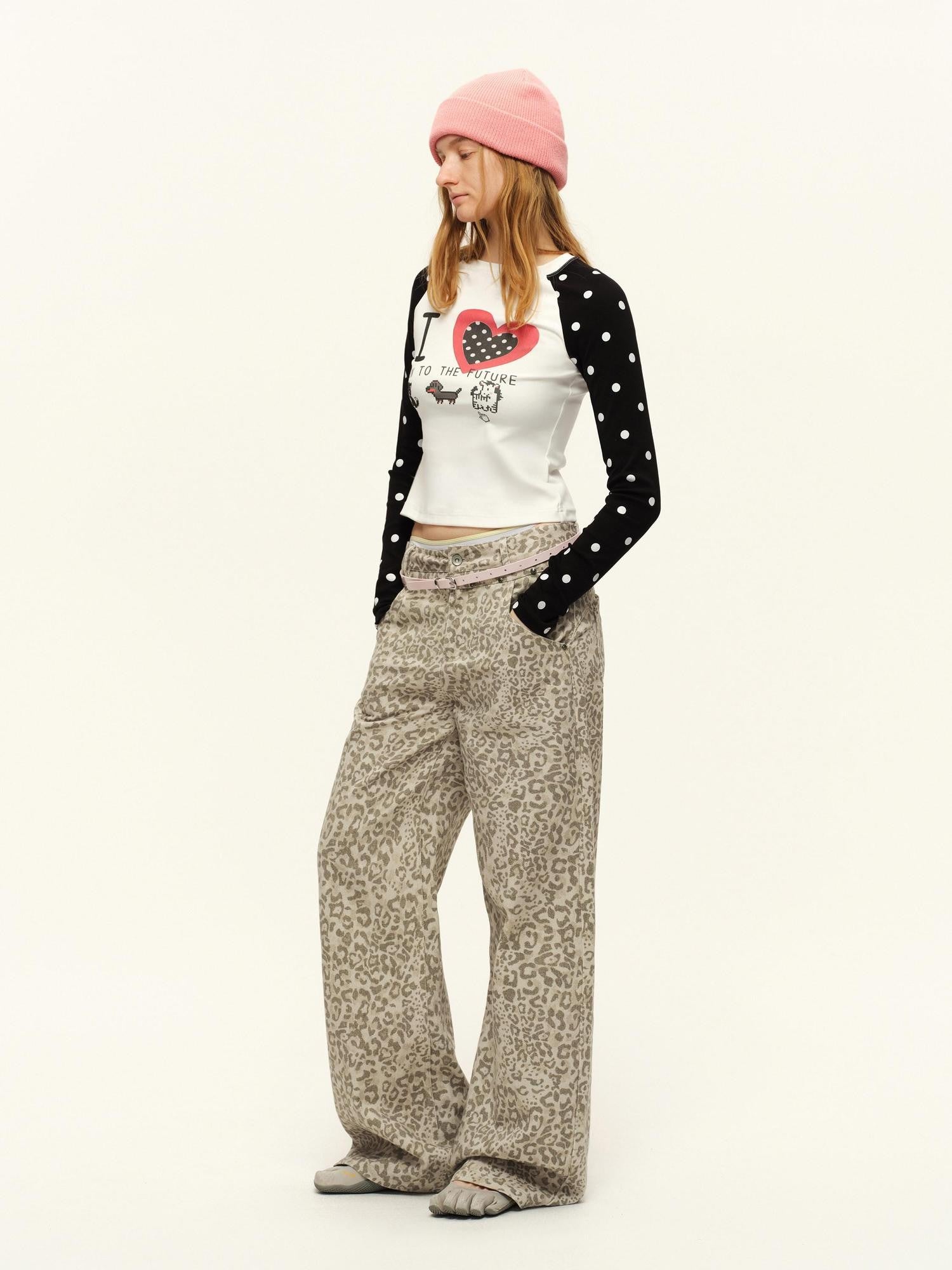RUN TO THE FUTURE Heart Print Polka Dot Colorblock Raglan Slim Fit Women&