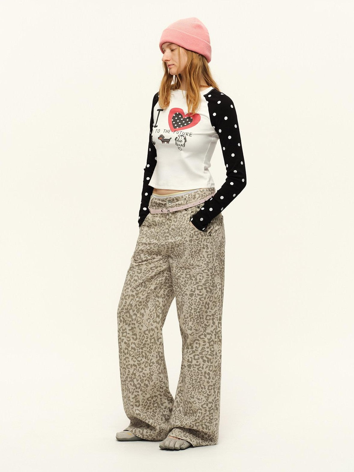 RUN TO THE FUTURE Heart Print Polka Dot Colorblock Raglan Slim Fit Women&