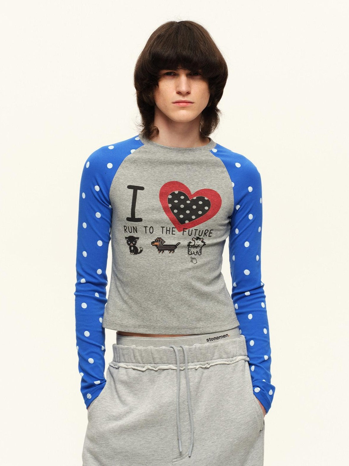 RUN TO THE FUTURE Heart Print Polka Dot Colorblock Raglan Slim Fit Women&