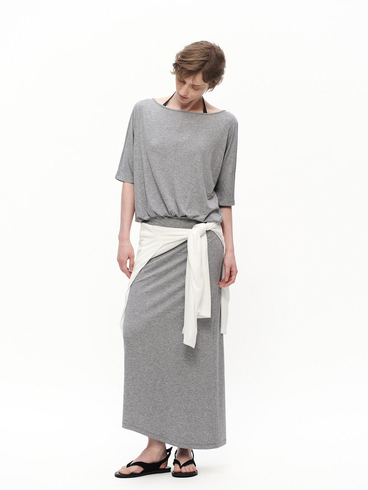 RUN TO THE FUTURE Heather Grey Draped Faux Two Piece Women&