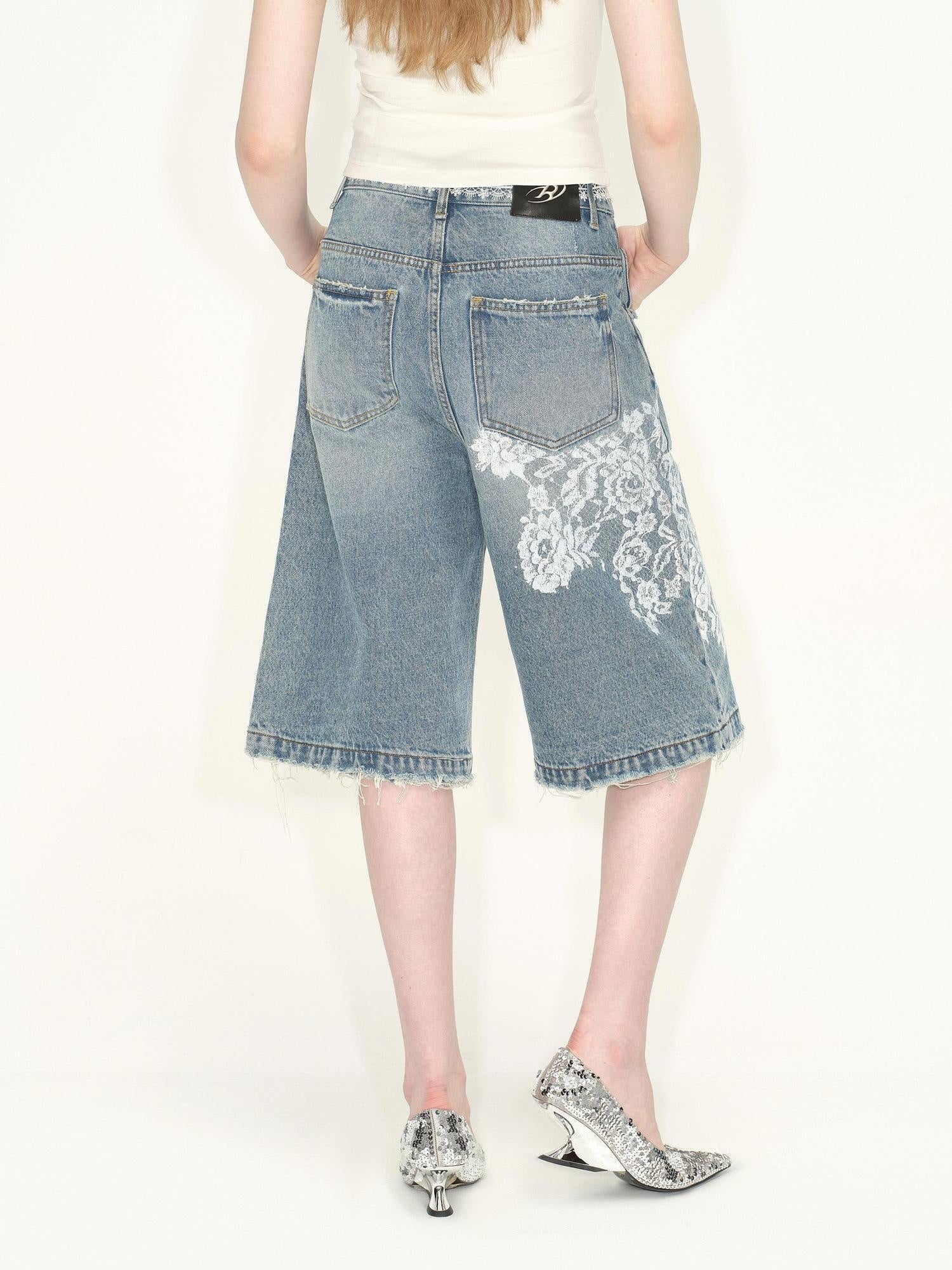 RUN TO THE FUTURE High Cotton Low Rise Wide Leg Mid Length Casual Nostalgic Blue Denim Shorts