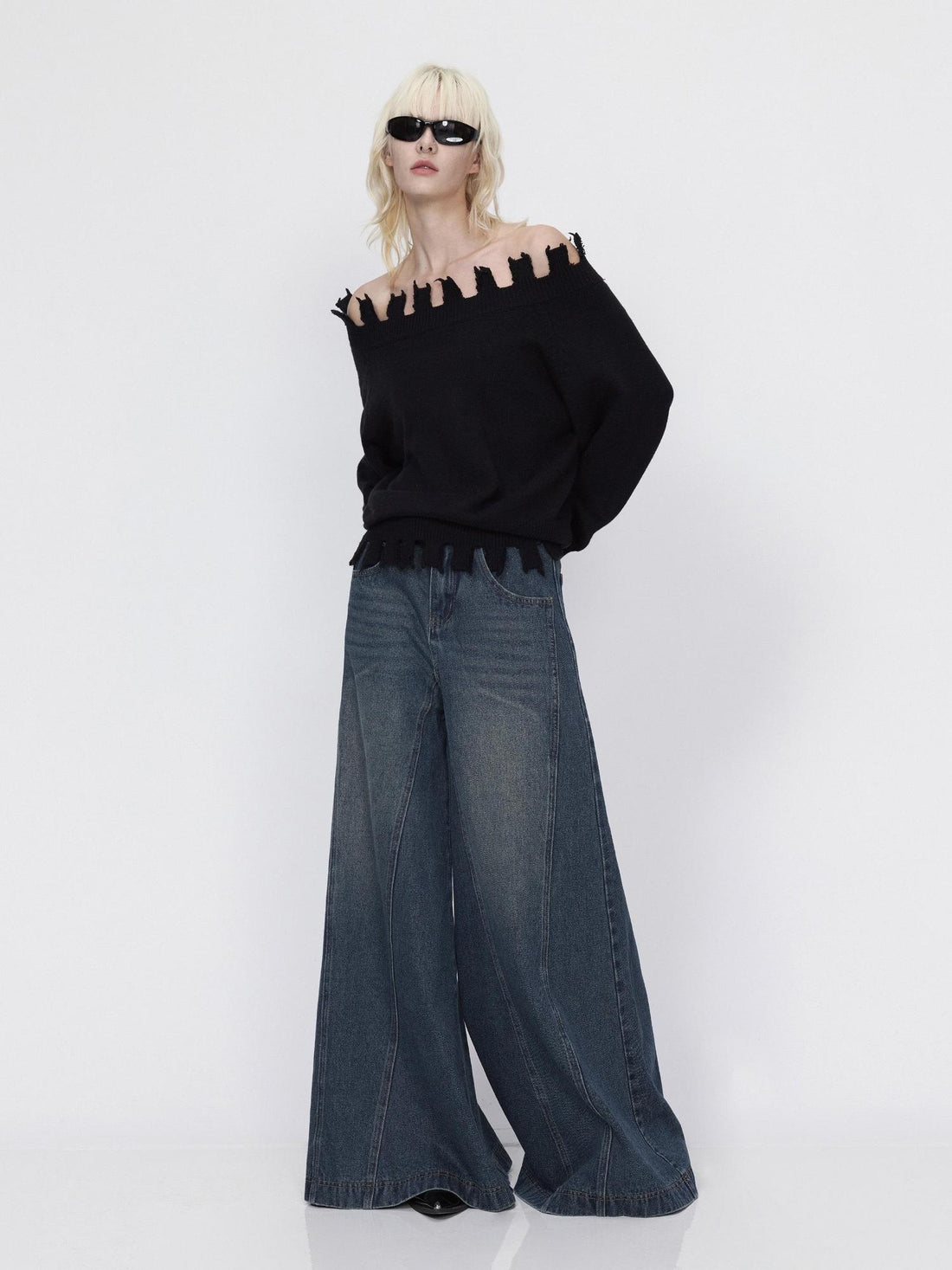 RUN TO THE FUTURE High Cotton Vintage Washed Loose Natural Waist Women Blue Denim Wide-Leg Jeans