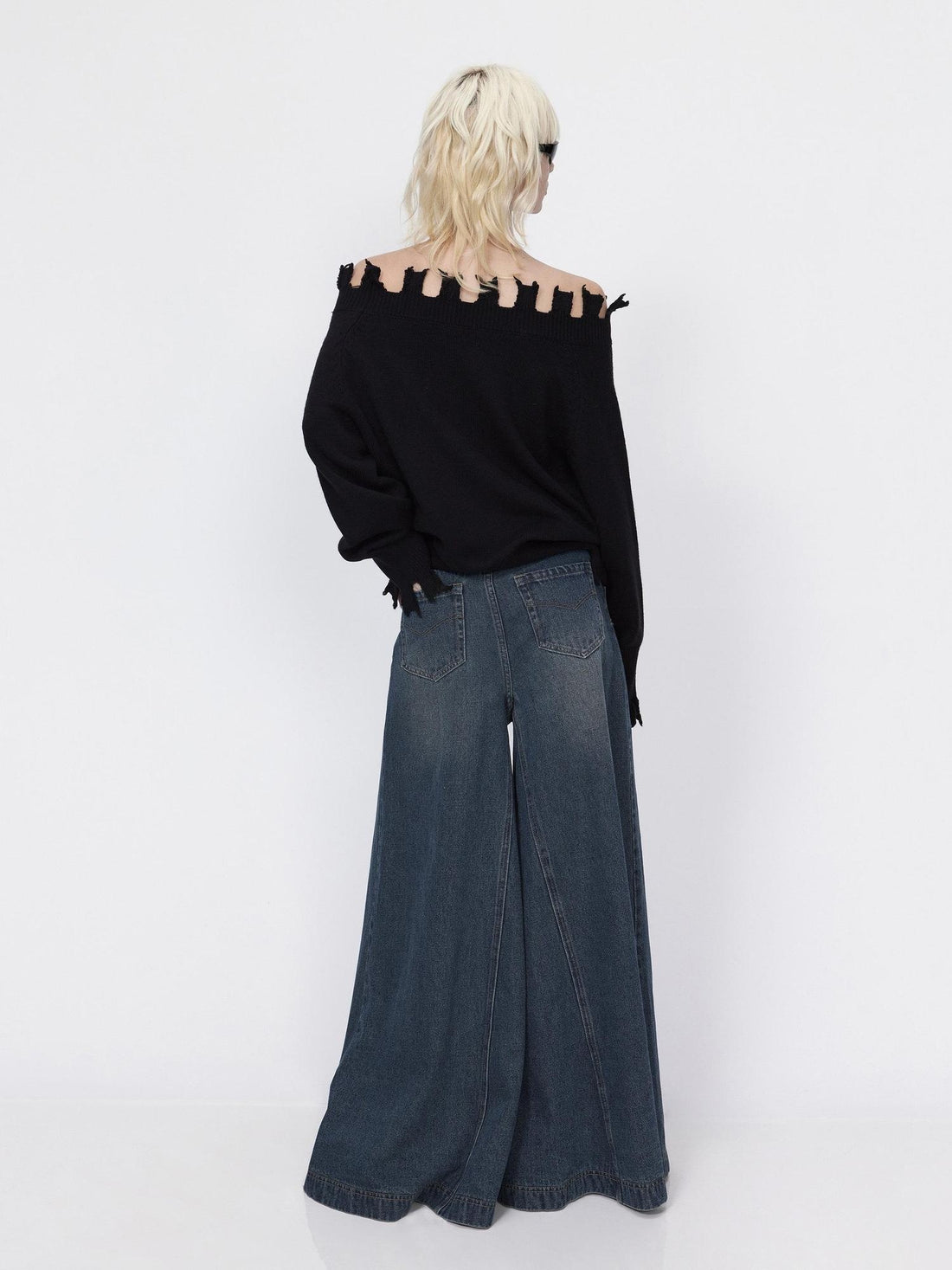 RUN TO THE FUTURE High Cotton Vintage Washed Loose Natural Waist Women Blue Denim Wide-Leg Jeans