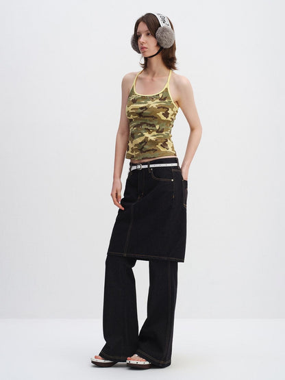 RUN TO THE FUTURE High Stretch Camo Print Slim U Neck Cropped Cotton Blend Women Tank Tops