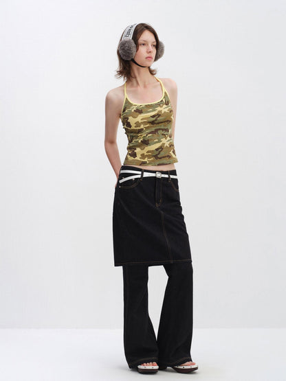 RUN TO THE FUTURE High Stretch Camo Print Slim U Neck Cropped Cotton Blend Women Tank Tops