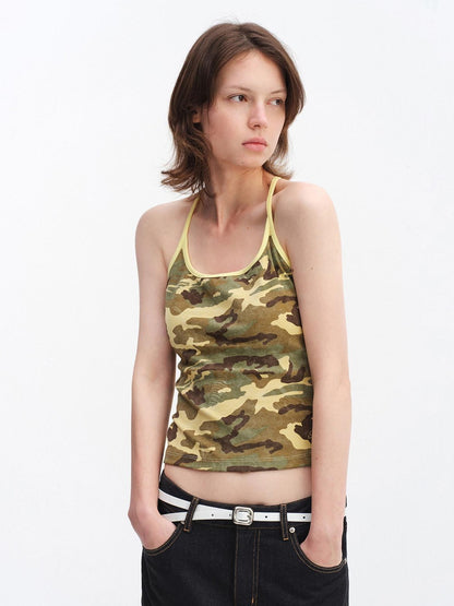 RUN TO THE FUTURE High Stretch Camo Print Slim U Neck Cropped Cotton Blend Women Tank Tops