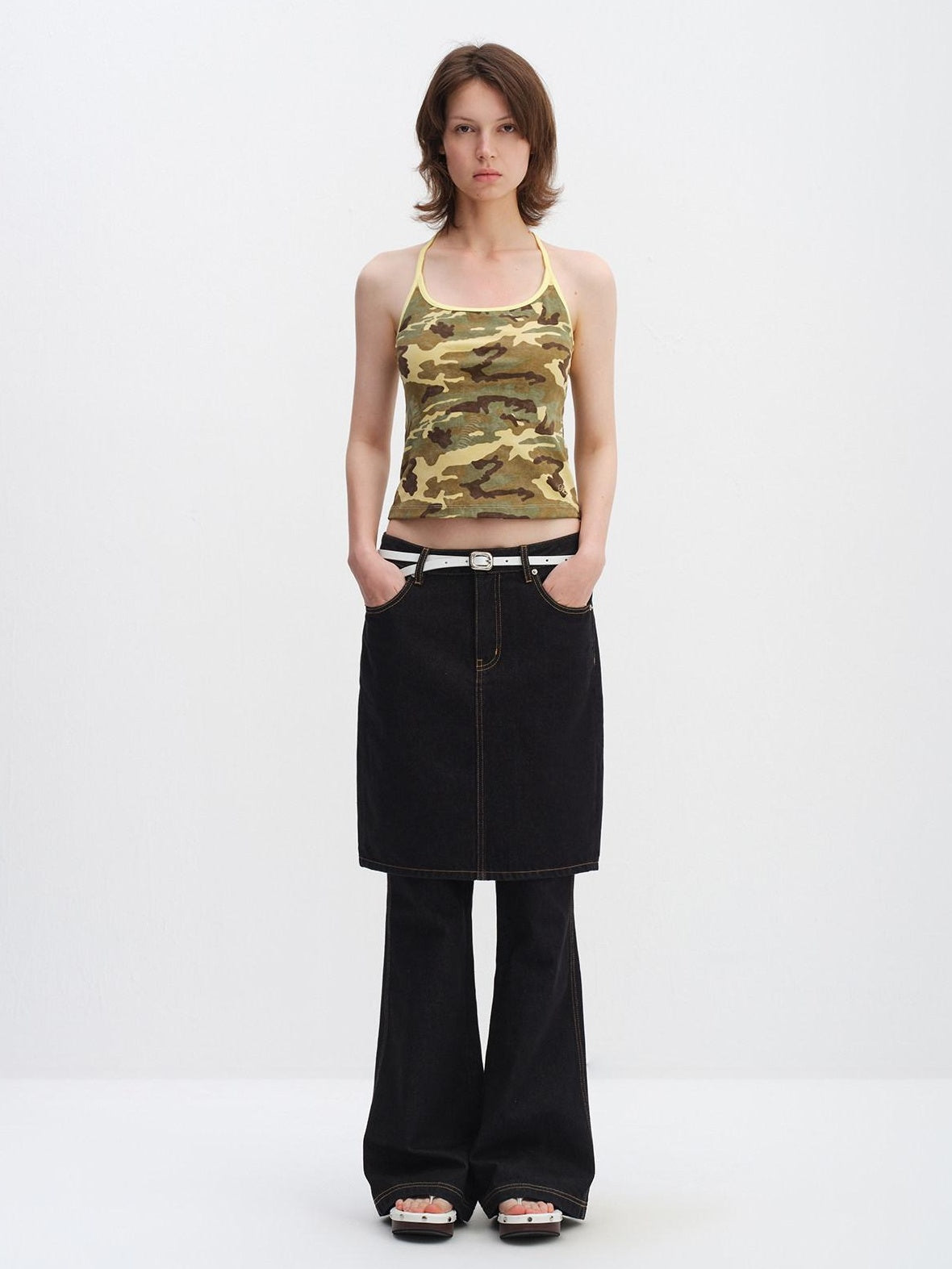 RUN TO THE FUTURE High Stretch Camo Print Slim U Neck Cropped Cotton Blend Women Tank Tops