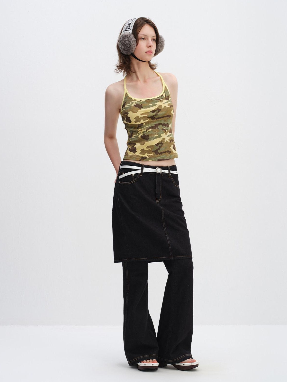 RUN TO THE FUTURE High Stretch Camo Print Slim U Neck Cropped Cotton Blend Women Tank Tops