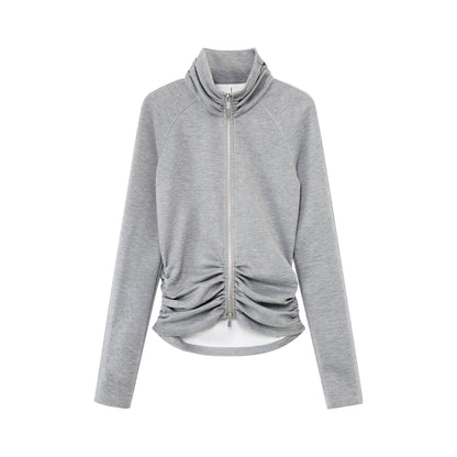 RUN TO THE FUTURE High Stretch Slim Ruched Zip Up Casual Raglan Stand Collar Women Hoodies