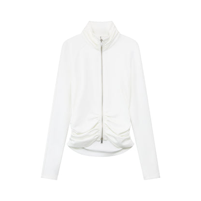 RUN TO THE FUTURE High Stretch Slim Ruched Zip Up Casual Raglan Stand Collar Women Hoodies