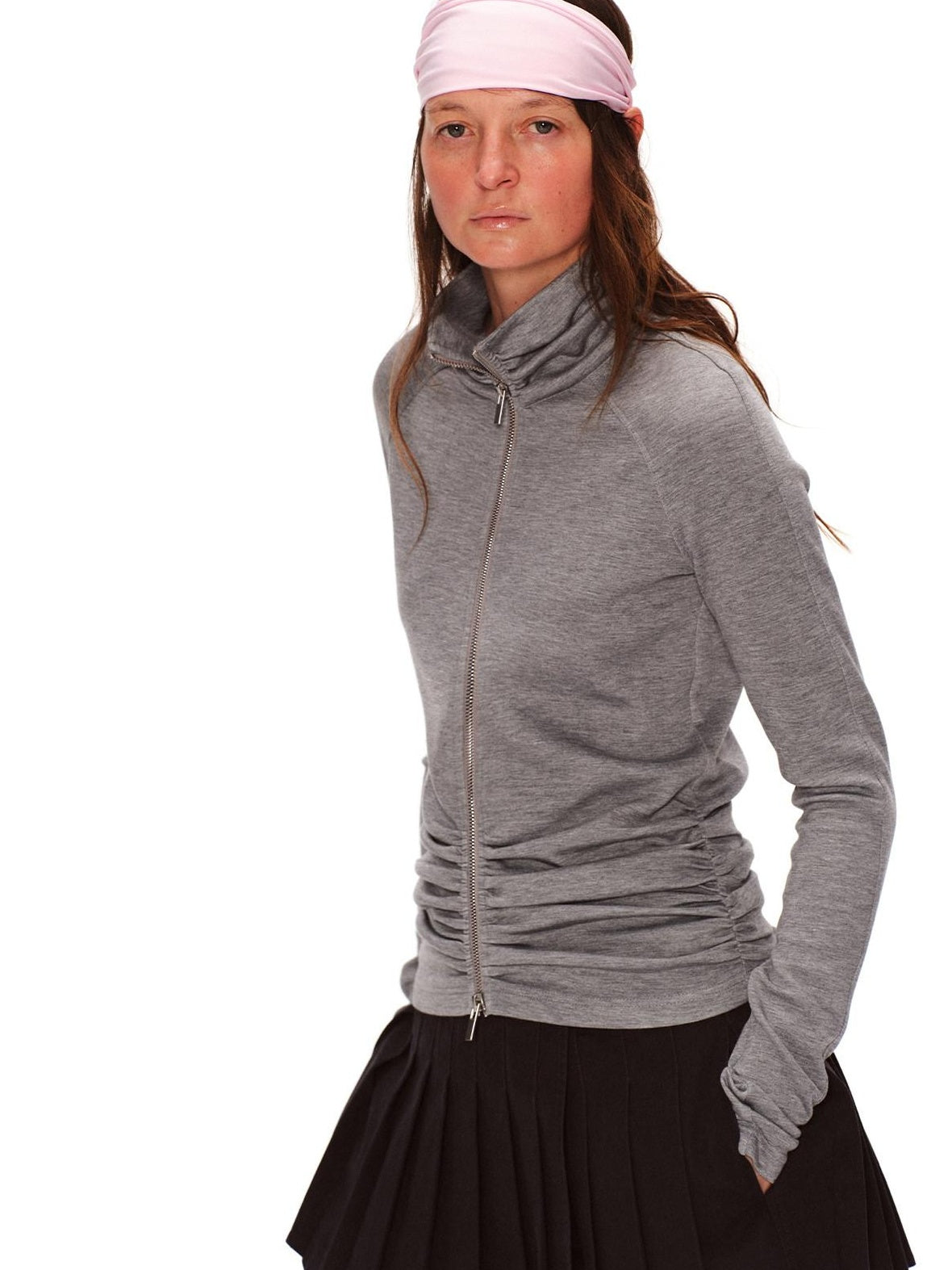 RUN TO THE FUTURE High Stretch Slim Ruched Zip Up Casual Raglan Stand Collar Women Hoodies