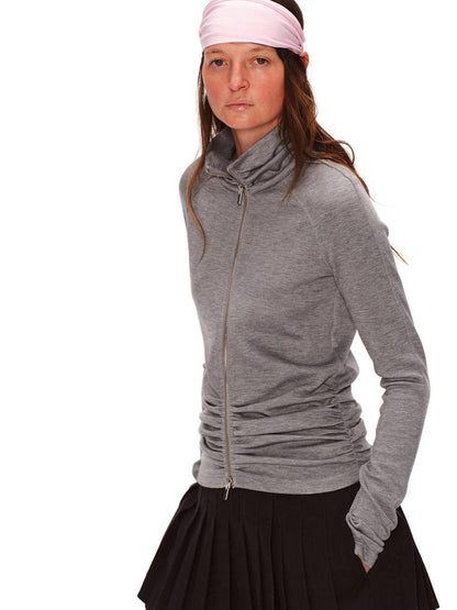 RUN TO THE FUTURE High Stretch Slim Ruched Zip Up Casual Raglan Stand Collar Women Hoodies