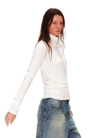 RUN TO THE FUTURE High Stretch Slim Ruched Zip Up Casual Raglan Stand Collar Women Hoodies
