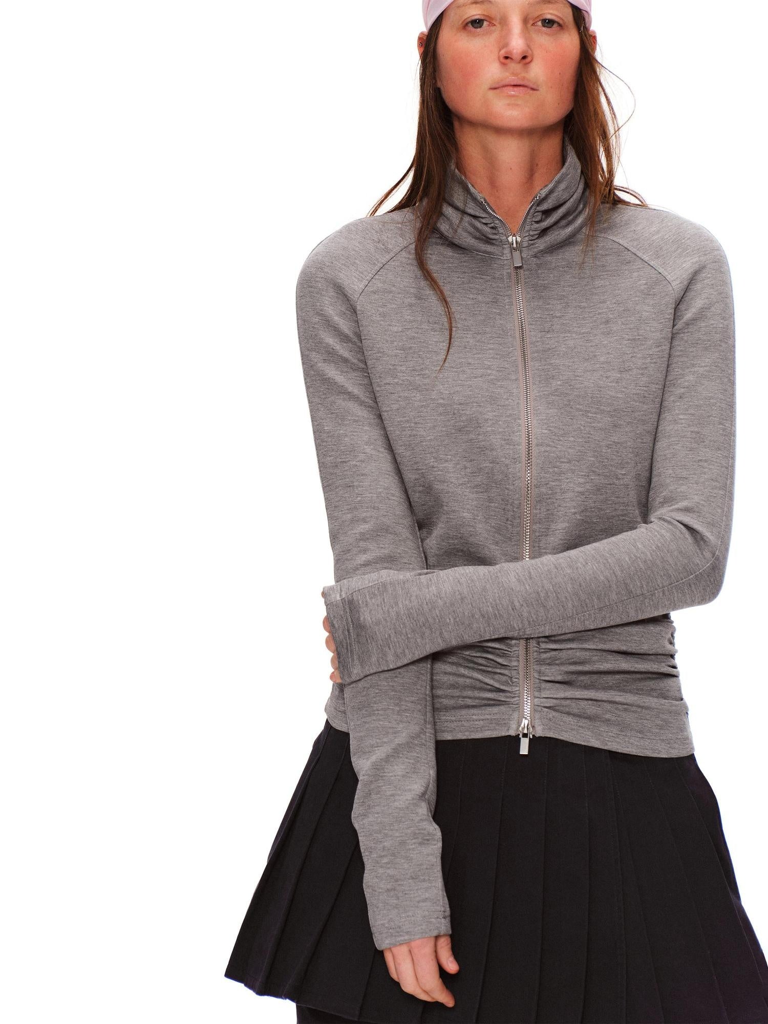 RUN TO THE FUTURE High Stretch Slim Ruched Zip Up Casual Raglan Stand Collar Women Hoodies