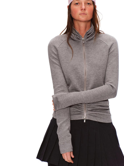 RUN TO THE FUTURE High Stretch Slim Ruched Zip Up Casual Raglan Stand Collar Women Hoodies