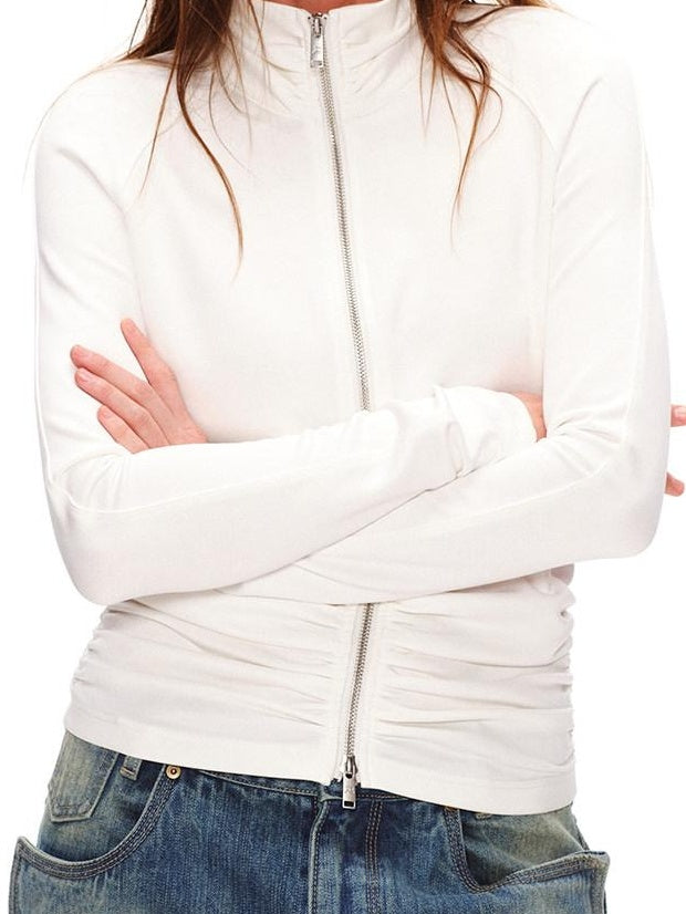 RUN TO THE FUTURE High Stretch Slim Ruched Zip Up Casual Raglan Stand Collar Women Hoodies