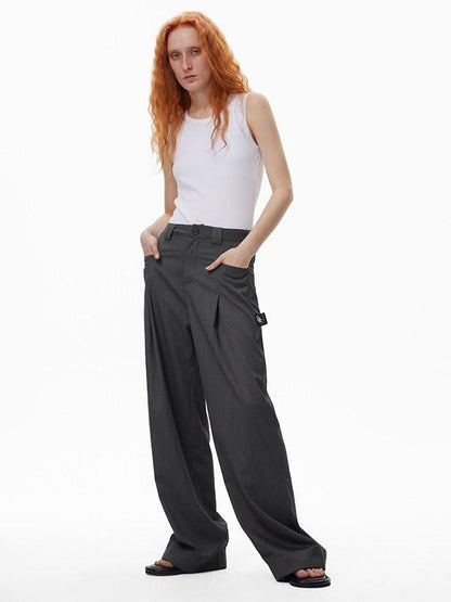 RUN TO THE FUTURE High Waist Embroidered Minimalist Grey Polyester Casual Couple Wide-Leg Pants