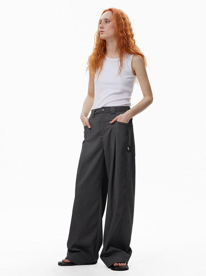 RUN TO THE FUTURE High Waist Embroidered Minimalist Grey Polyester Casual Couple Wide-Leg Pants