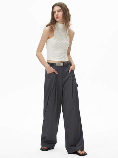 RUN TO THE FUTURE High Waist Embroidered Minimalist Grey Polyester Casual Couple Wide-Leg Pants